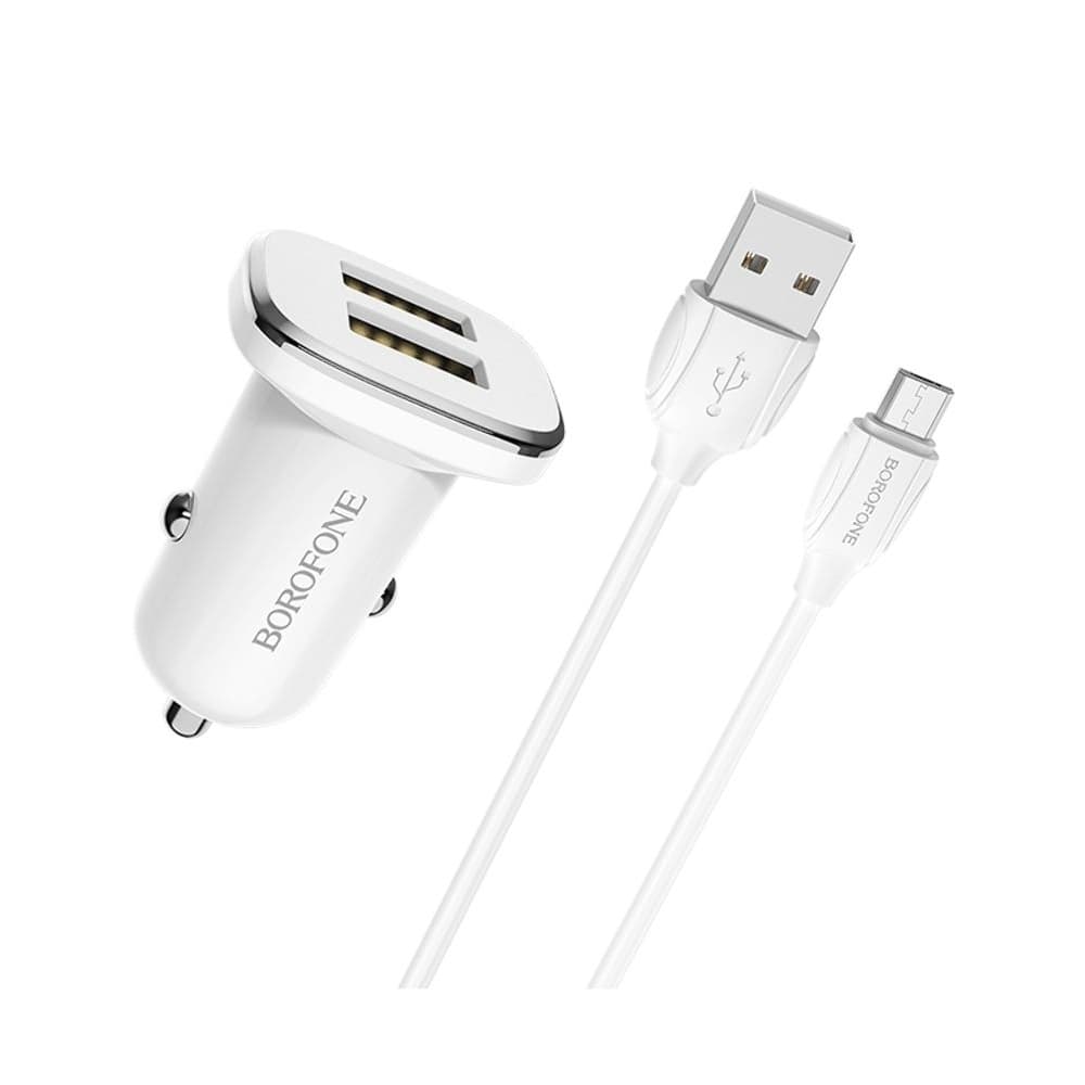 Автомобильное зарядное устройство Borofone BZ12, 2 USB, 2.4 А, Micro-USB, белое