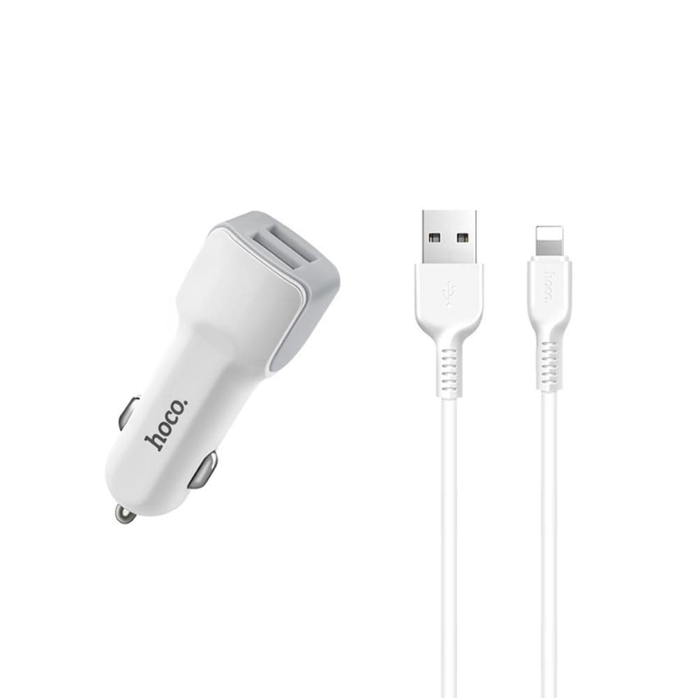 Автомобильний зарядний пристрій Hoco Z23, 2 USB, 2.4 А, Lightning, белое | зарядка, зарядное устройство