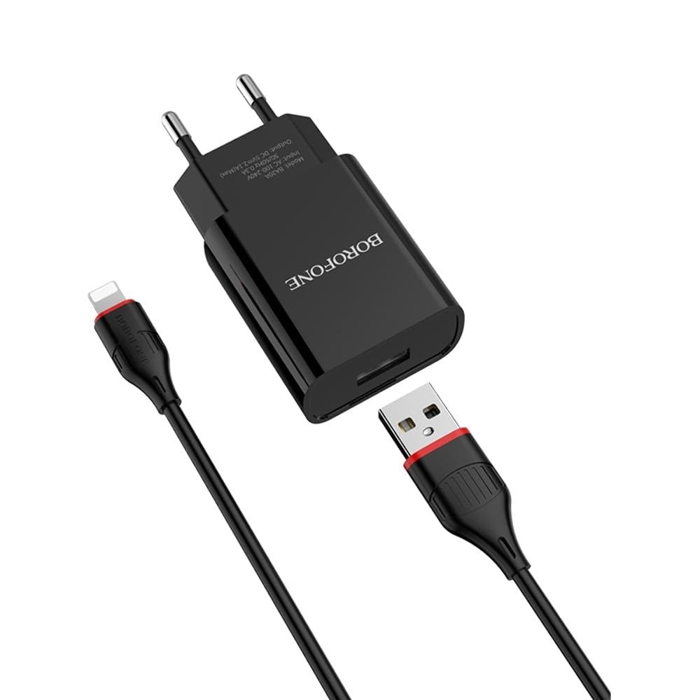 Сетевое зарядное устройство Borofone BA20A, 1 USB, 2.1 А, с кабелем Lightning, черное