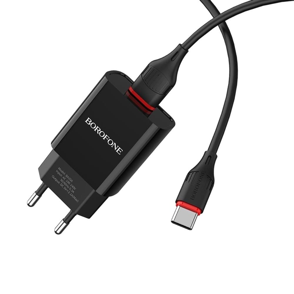 Сетевое зарядное устройство Borofone BA20A, 1 USB, 2.1 А, с кабелем Type-C, черное