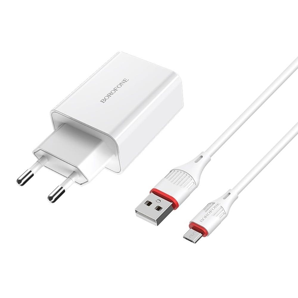 Сетевое зарядное устройство Borofone BA21A, 1 USB, Quick Charge 3.0, Micro-USB, белое