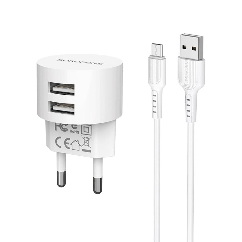 Сетевое зарядное устройство Borofone BA23A, 2 USB, 2.4 А, Micro-USB, белое