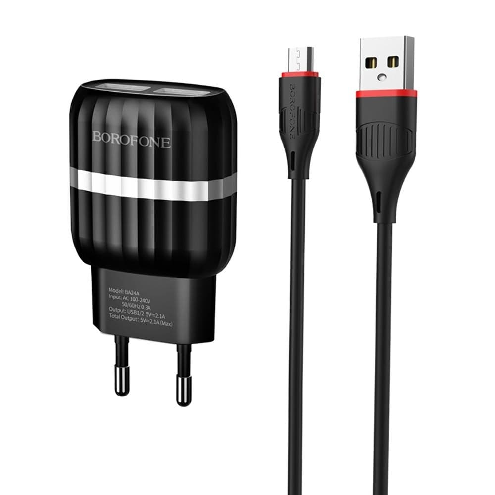 Сетевое зарядное устройство Borofone BA24A, 2 USB, 2.4 А, Micro-USB, черное