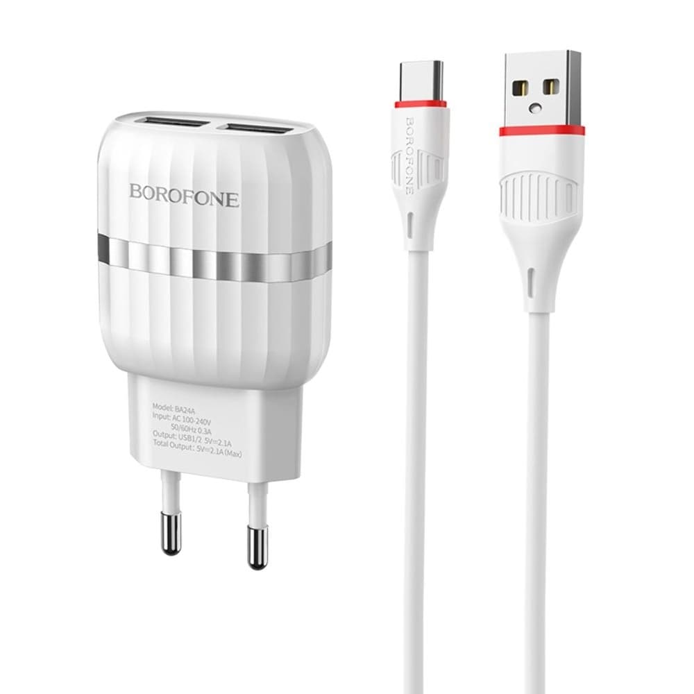 Сетевое зарядное устройство Borofone BA24A, 2 USB, 2.4 А, Type-C, белое