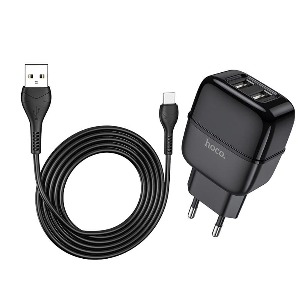 Сетевое зарядное устройство Hoco C77A, 2 USB, 2.4 А, Type-C, черное