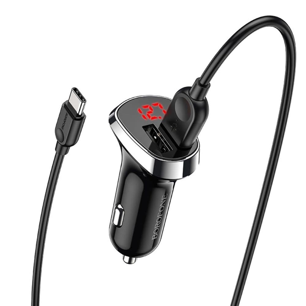 Автомобильний зарядний пристрій Borofone BZ15, 2 USB, 2.4 А, Type-C, с дисплеем, черное | зарядка, зарядное устройство