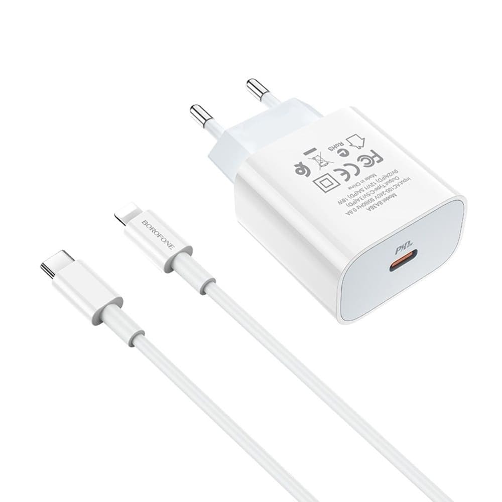 Сетевое зарядное устройство Borofone BA38A Plus, Power Delivery, Quick Charge, 20 Вт, Type-C на Lightning, белое