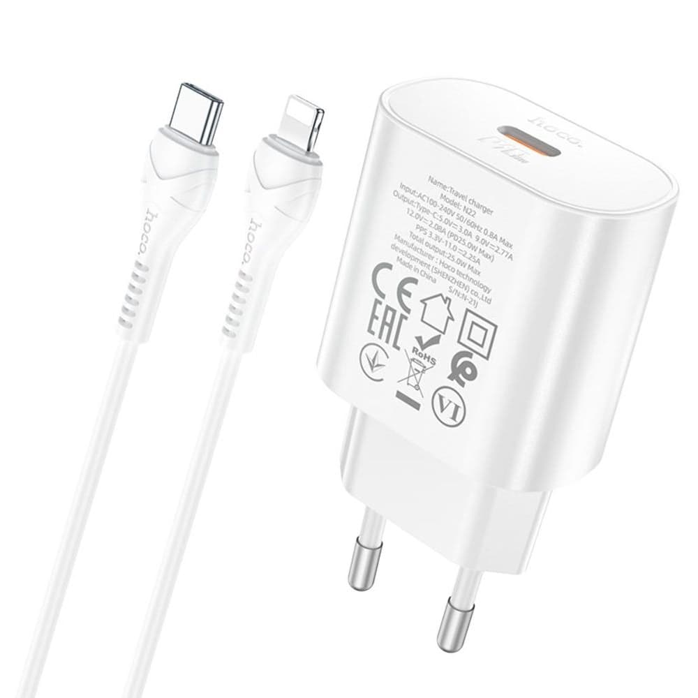 Сетевое зарядное устройство Hoco N22, 1 Type-C, Power Delivery (25 Вт), Type-C на Lightning, белое