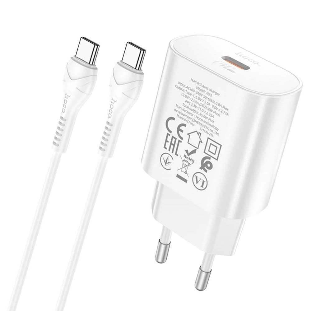 Сетевое зарядное устройство Hoco N22, 1 Type-C, Power Delivery (25 Вт), Type-C на Type-C, белое