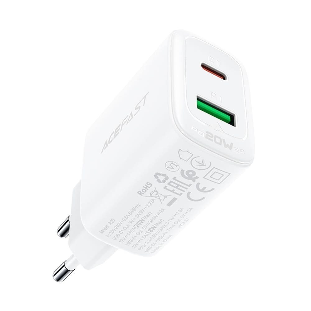 Сетевое зарядное устройство Acefast A25, 1 USB, 1 Type-C, 3.0 А, Power Delivery (20 Вт), Quick Charge, белое