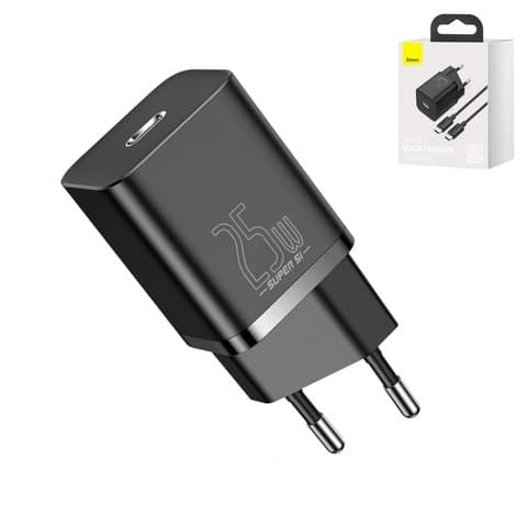 Сетевое зарядное устройство Baseus Super Si, Quick Charge, 220 В, черное, Type-C на Type-C, 25 Вт, #TZCCSUP-L01