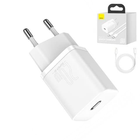 Сетевое зарядное устройство Baseus Super Si, Quick Charge, 220 В, белое, Type-C на Lightning, 20 Вт, #TZCCSUP-B02
