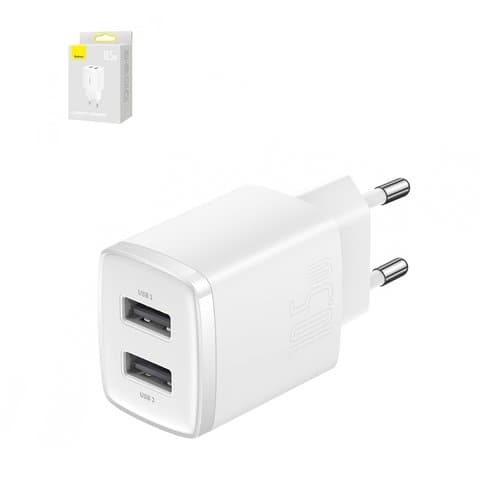 Сетевое зарядное устройство Baseus Compact Charger, 220 В, белое, USB тип-A, 10,5 Вт, 2 порта, CCXJ010202