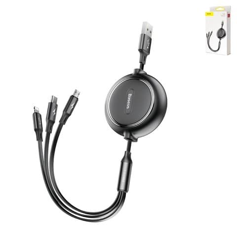 USB-кабель Baseus Golden Loop, Type-C, USB, Micro-USB, Lightning, 3,5 А, чорний, #CAMLT-JH01