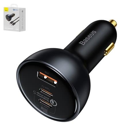 Автомобильний зарядний пристрій Baseus Qualcomm Quick Charge 5 Technology, черное, Quick Charge, c кабелем USB тип-C к USB тип-C, 160 Вт, 3 порта, 12-24 B, #TZCCZM-0G | зарядка, зарядное устройство