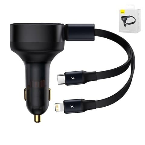 Автомобильний зарядний пристрій Baseus Enjoyment Retractable 2-in-1, черное, Quick Charge, c кабелем, 30 Вт, 12-24 B, #CGTX000001 | зарядка, зарядное устройство