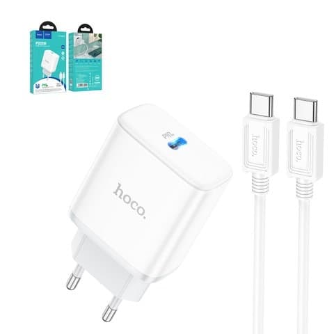 Сетевое зарядное устройство Hoco C104A, 20 Вт, Power Delivery (PD), білий, c кабелем USB тип-C к USB тип-C, 1 порт, #6931474782915