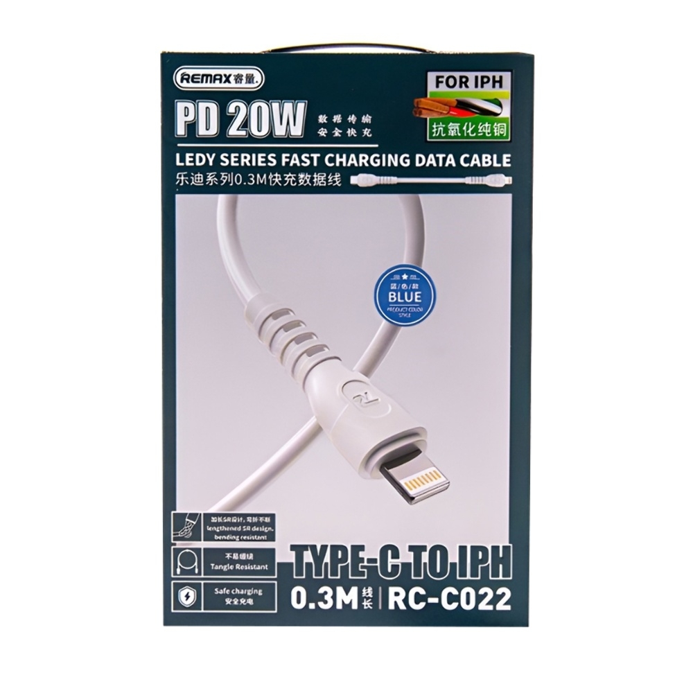 USB-кабель Remax RC-C022, Type-C на Lightning, Power Delivery (20 Вт), 30 см, синій