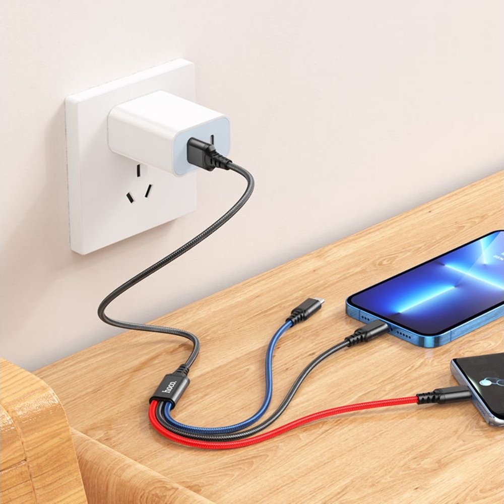 USB-кабель Hoco X76, 3 в 1, Lightning, Type-C, Micro-USB, 100 см, чорний, только для зарядки, режим передачи данных отключен