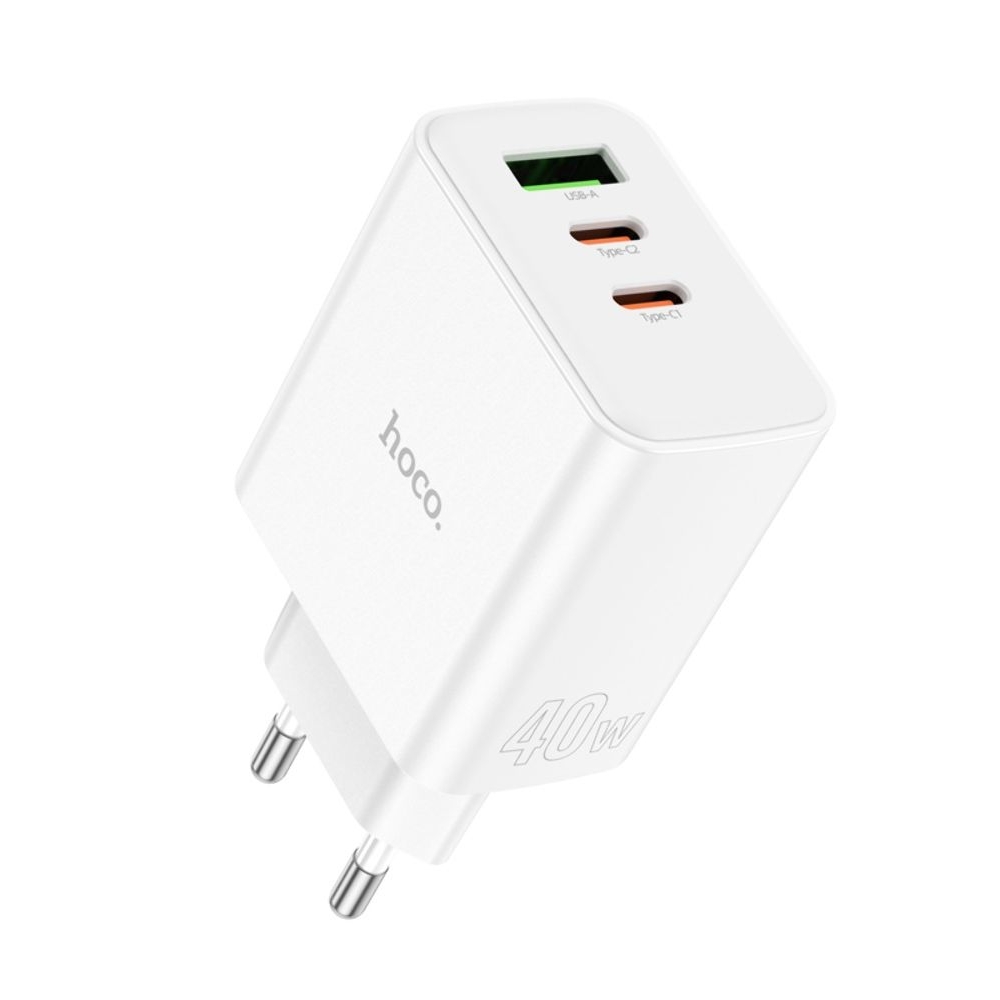 Сетевое зарядное устройство Hoco C126A, 1 USB, 2 Type-C, PowerDelivery (40 Вт), белое, без кабеля