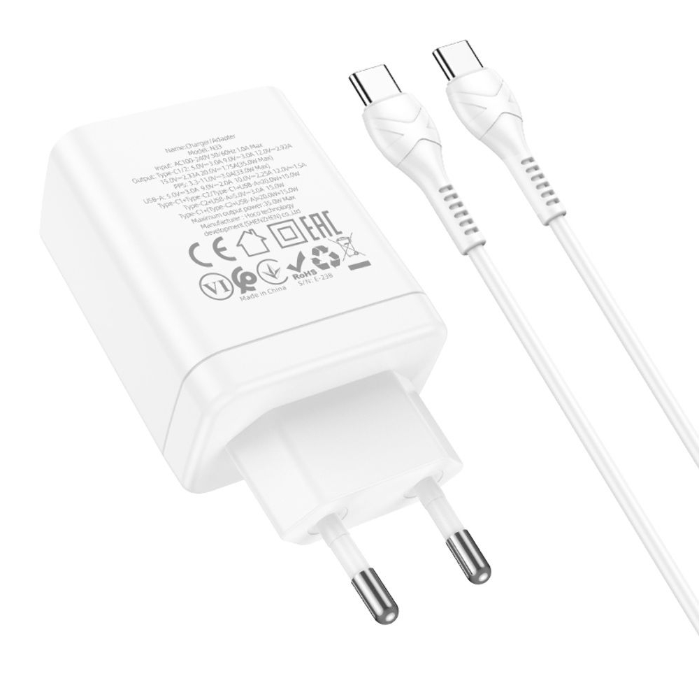 Сетевое зарядное устройство Hoco N33, 1 USB, 2 Type-C, PowerDelivery (35 Вт), белое, с кабелем Type-C на Type-C