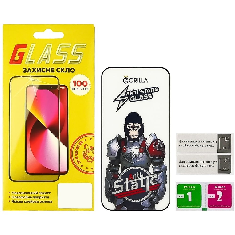 Закаленное защитное стекло Apple iPhone 14 Pro Max, iPhone 15 Plus, черное, 0.3 мм, Gorilla, Anti-Static, Full Glue (клей по всей площади стекла), совместимо с чехлом
