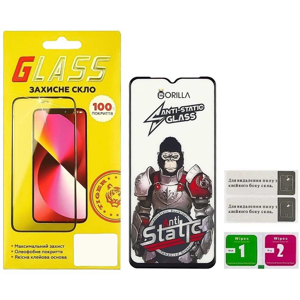 Закаленное защитное стекло Samsung SM-A135 Galaxy A13, SM-A235 Galaxy A23, SM-M236 Galaxy M23, SM-E236 Galaxy F23, SM-M336 Galaxy M33, черное, 0.3 мм, Gorilla, Anti-Static, Full Glue (клей по всей площади стекла), совместимо с чехлом