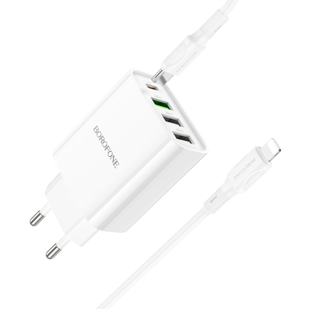 Сетевое зарядное устройство Borofone BA79A, 3 USB, 1 Type-C, белое, с кабелем Type-C на Lightning