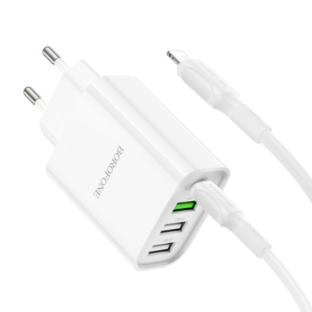Сетевое зарядное устройство Borofone BA79A, 3 USB, 1 Type-C, белое, с кабелем Type-C на Lightning