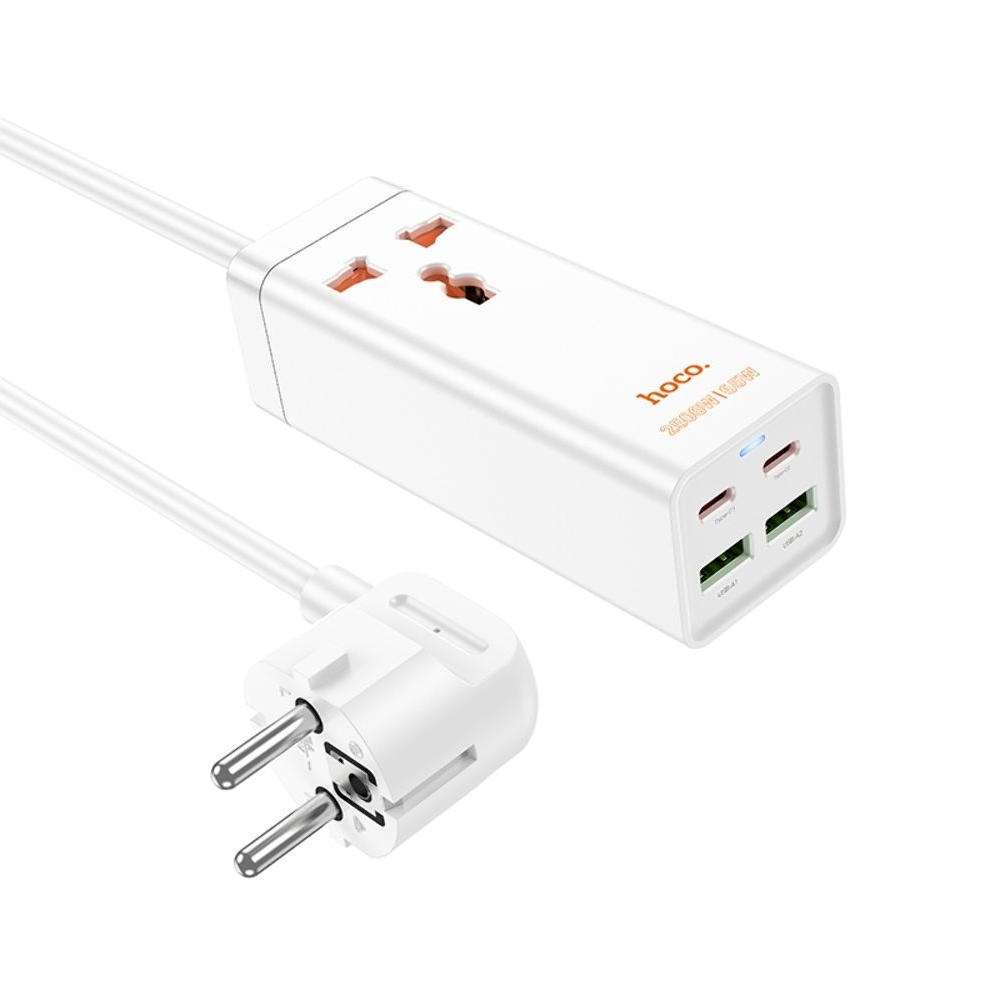 Сетевое зарядное устройство-удлинитель Hoco AC10A, 2 USB, 2 Type-C, PowerDelivery (65 ВТ), 1 розетка, 150 см, белое