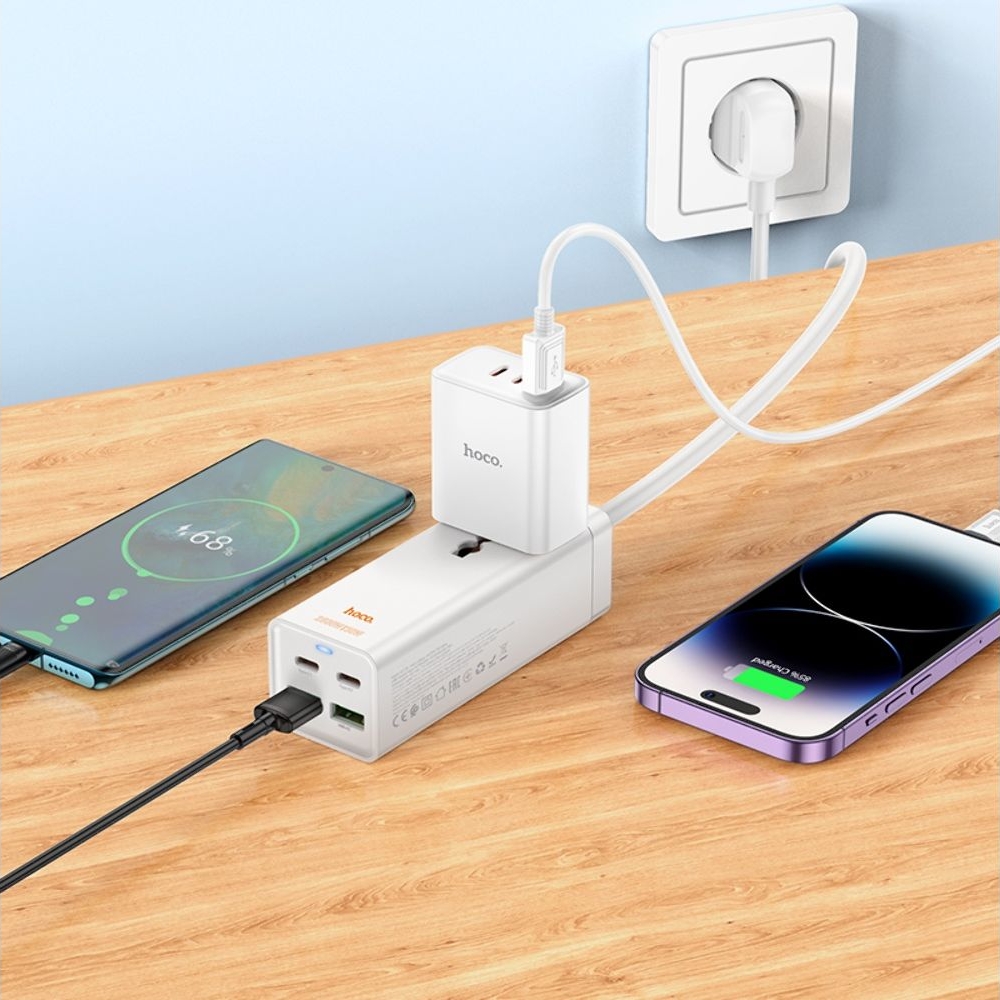 Сетевое зарядное устройство-удлинитель Hoco AC10A, 2 USB, 2 Type-C, PowerDelivery (65 ВТ), 1 розетка, 150 см, белое