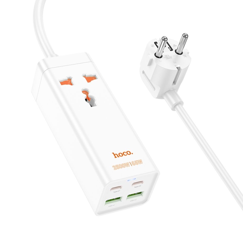 Сетевое зарядное устройство-удлинитель Hoco AC10A, 2 USB, 2 Type-C, PowerDelivery (65 ВТ), 1 розетка, 150 см, белое