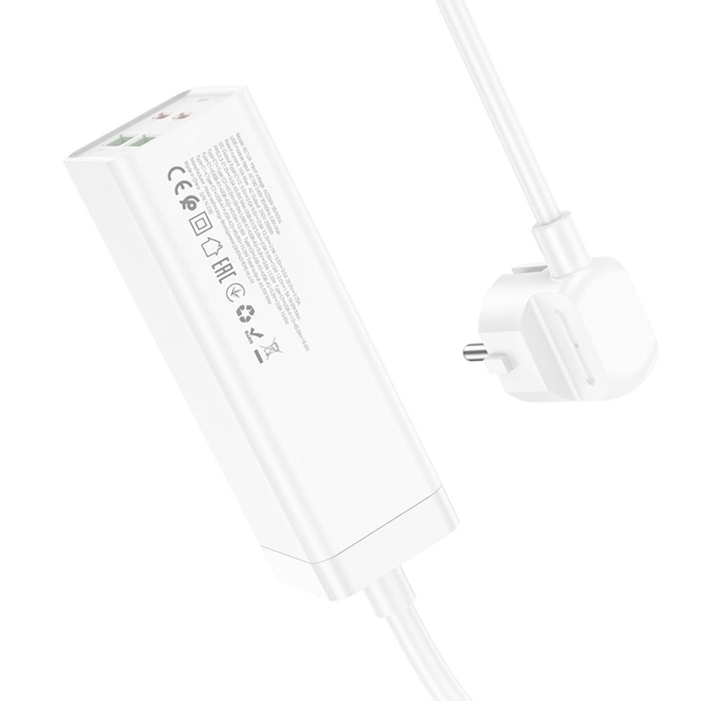 Сетевое зарядное устройство-удлинитель Hoco AC10A, 2 USB, 2 Type-C, PowerDelivery (65 ВТ), 1 розетка, 150 см, белое