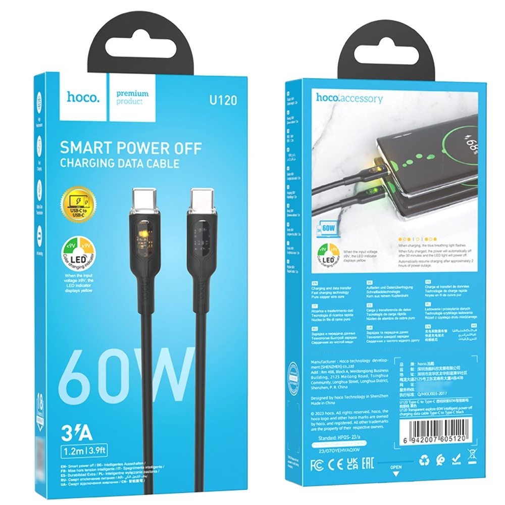 USB-кабель Hoco U120, Type-C на Type-C, Power Delivery (60 Вт), 100 см, чорний