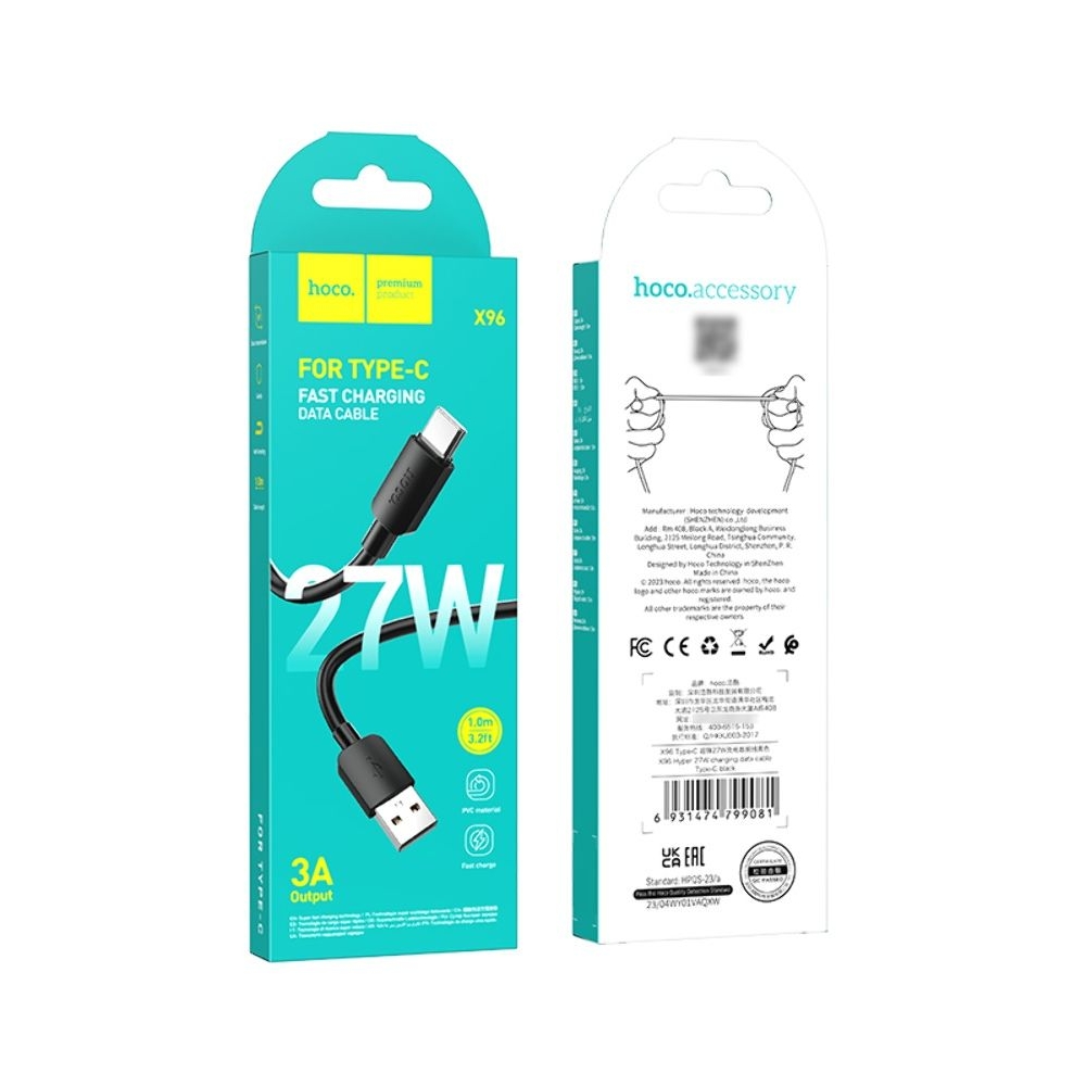 USB-кабель Hoco X96, Type-C, Power Delivery (27 Вт), 100 см, чорний