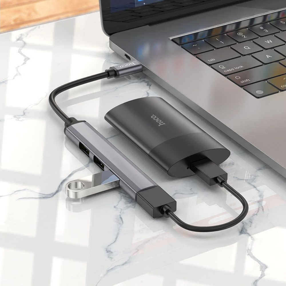 Мультиадаптер хаб Hoco HB26, 4 в 1, Type-C to USB 3.0 (F)/ 3 USB 2.0 (F), 13 см, серебристый