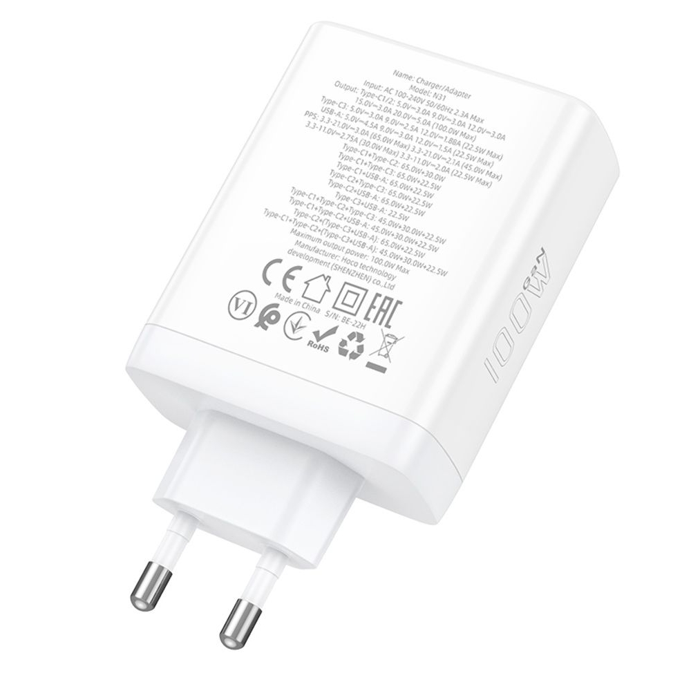 Сетевое зарядное устройство Hoco N31, PowerDelivery (100 Вт), 3C1A, белое