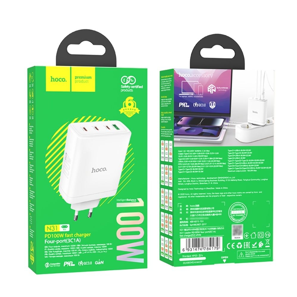 Сетевое зарядное устройство Hoco N31, PowerDelivery (100 Вт), 3C1A, белое