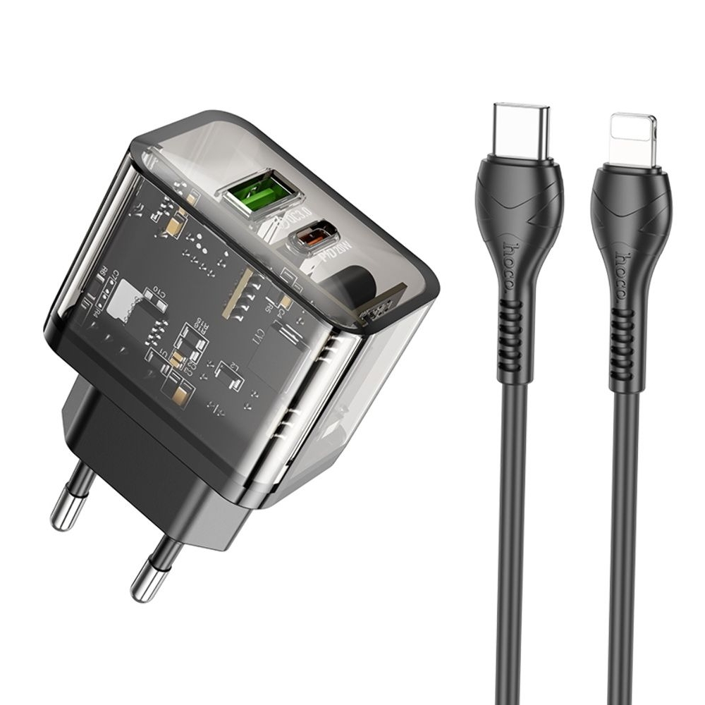 Сетевое зарядное устройство Hoco N34, 2 Type-C, черное, с кабелем, Type-C на Lightning
