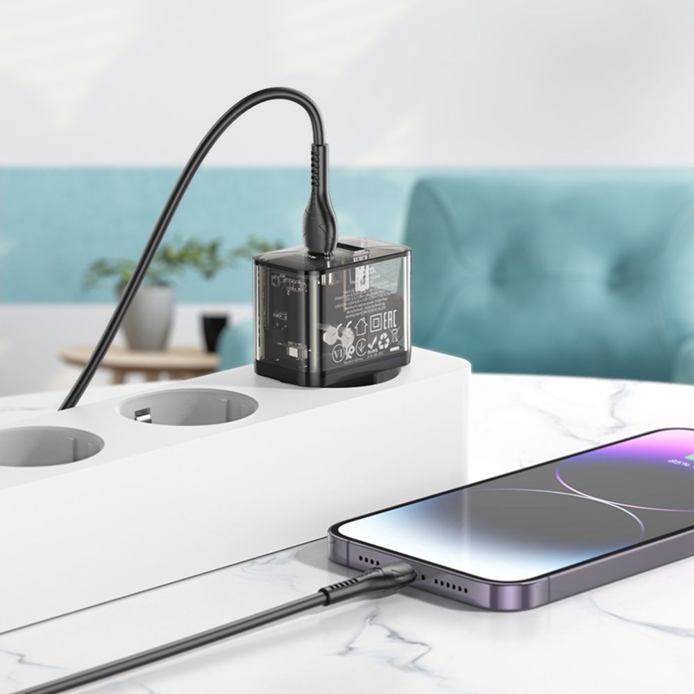 Сетевое зарядное устройство Hoco N34, 2 Type-C, черное, с кабелем, Type-C на Lightning
