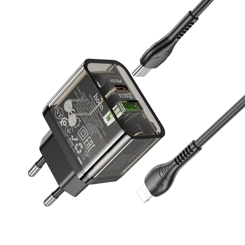 Сетевое зарядное устройство Hoco N34, 2 Type-C, черное, с кабелем, Type-C на Lightning