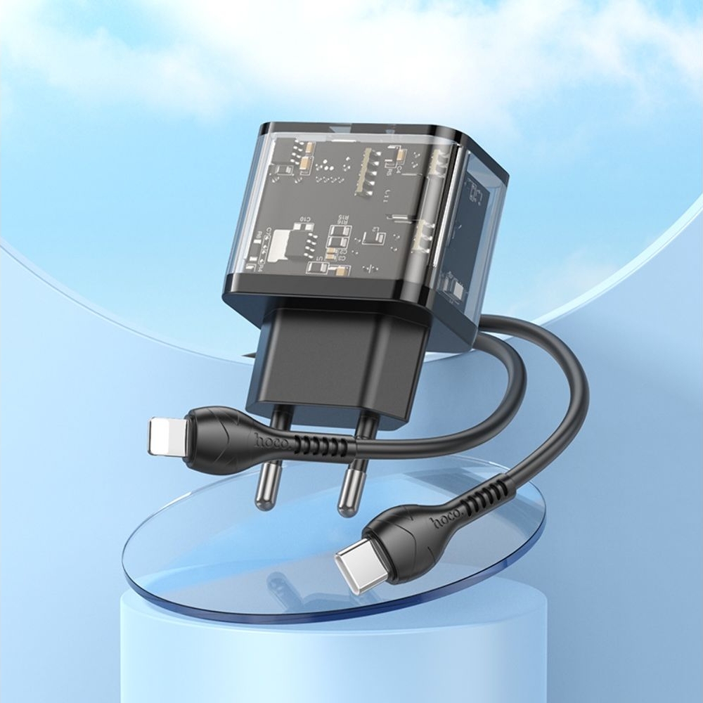 Сетевое зарядное устройство Hoco N34, 2 Type-C, черное, с кабелем, Type-C на Lightning