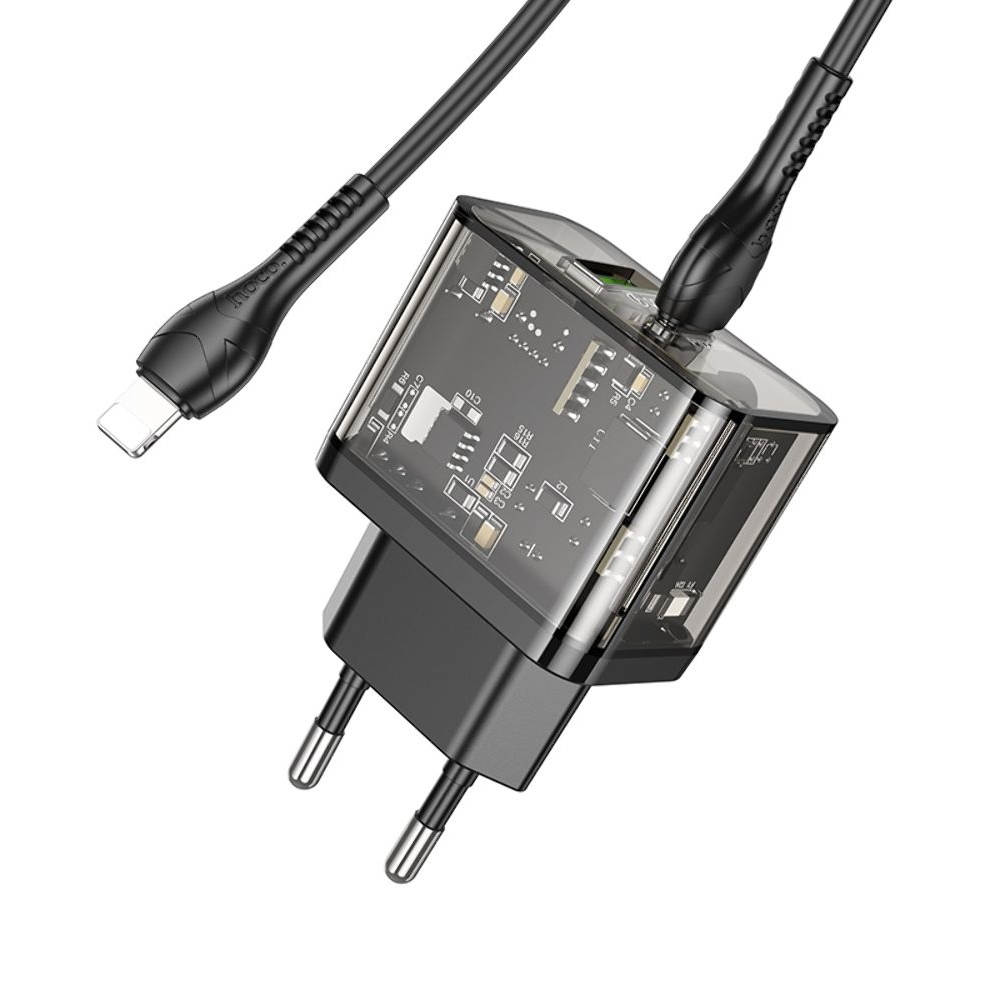Сетевое зарядное устройство Hoco N34, 2 Type-C, черное, с кабелем, Type-C на Lightning