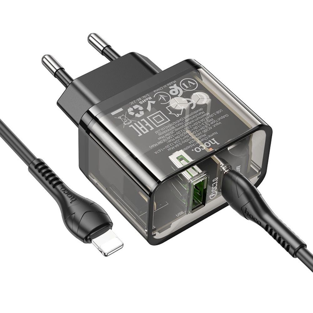 Сетевое зарядное устройство Hoco N34, 2 Type-C, черное, с кабелем, Type-C на Lightning