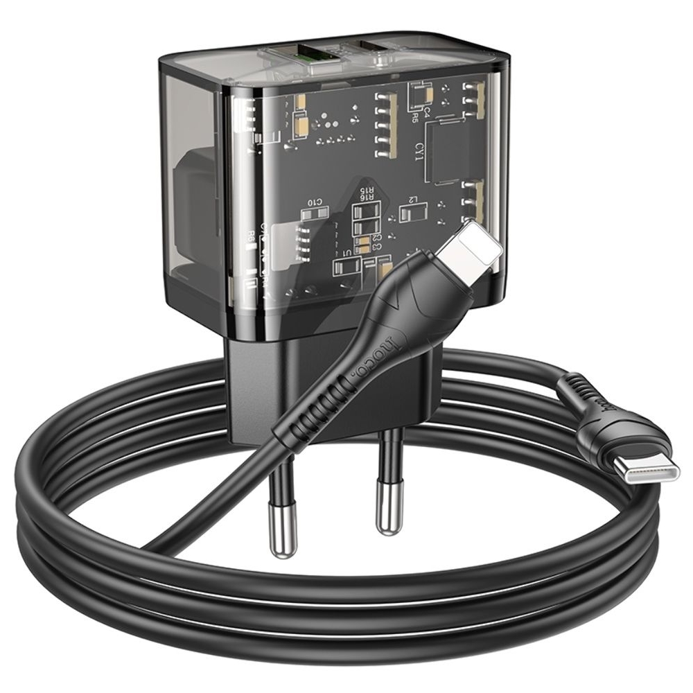 Сетевое зарядное устройство Hoco N34, 2 Type-C, черное, с кабелем, Type-C на Lightning