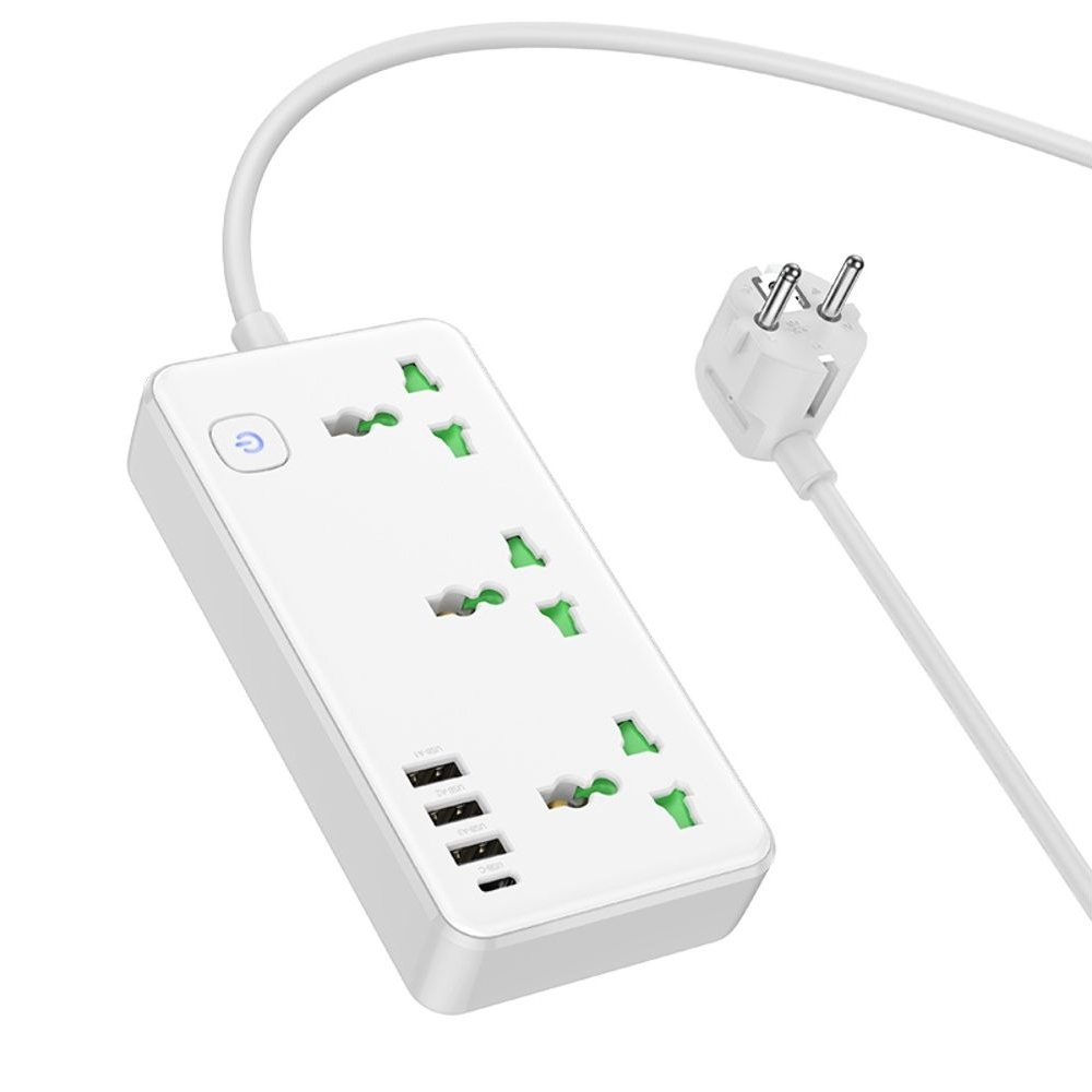 Сетевое зарядное устройство удлинитель Hoco AC7A, 3 USB, 1 Type-C 3 розетки, 150 см, белое