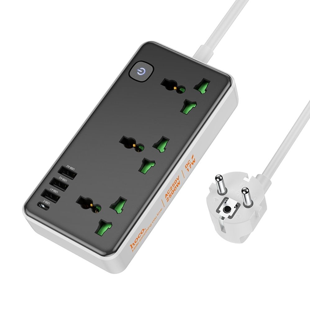 Сетевое зарядное устройство удлинитель Hoco AC7A, 3 USB, 1 Type-C 3 розетки, 150 см, чорний