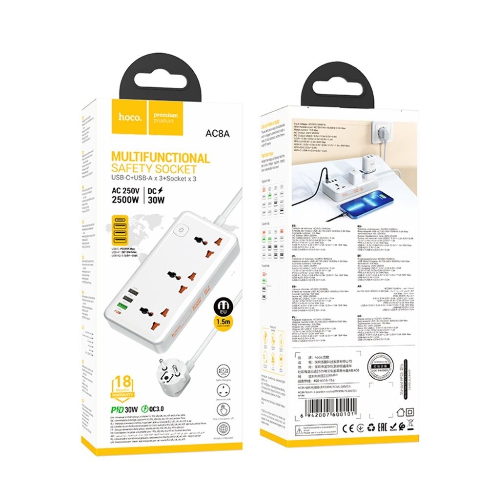 Сетевое зарядное устройство удлинитель Hoco AC8A, 3 USB, 1 Type-C, PowerDelivery (30 Вт), QuickCharge, 3 розетки, 150 см, білий