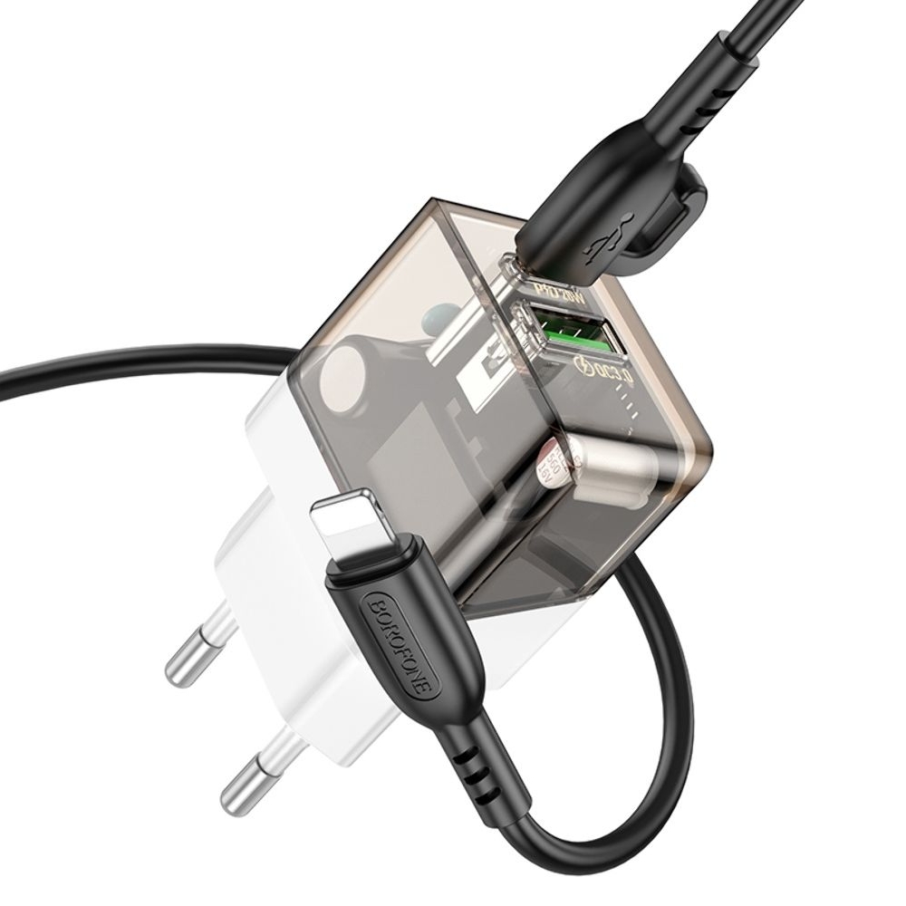 Сетевое зарядное устройство Borofone BA80A USB, Type-C, PD QC прозрачно-, черное + кабель, Type-C на Lightning