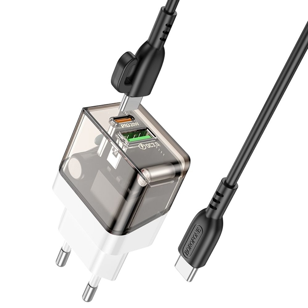 Сетевое зарядное устройство Borofone BA80A USB, Type-C, PD QC прозрачно-, черное + кабель, Type-C на Type-C